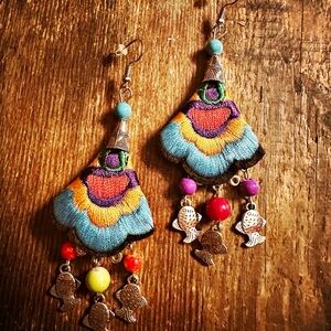 Turquoise silk Bohemian Dangle Earrings with fish charms